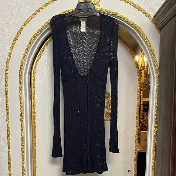Tommy Bahama navy blue open crochet knit front tie swim cover up Dress Size XS - Picture 2 of 7